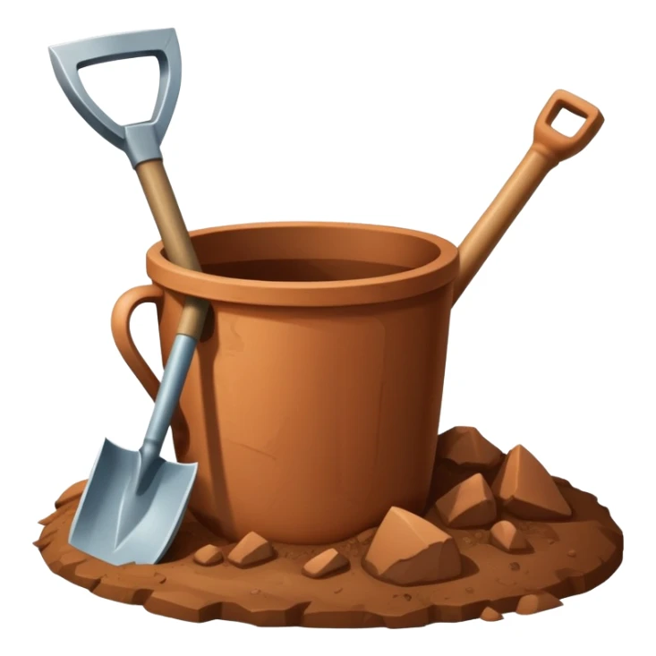 An icon featuring a shovel, pickaxe, and an ancient artifact like a broken pot, symbolizing the essentials of archaeology. The design focuses on the tools of excavation and discovery, recognizable look. Transparent background. sticker
