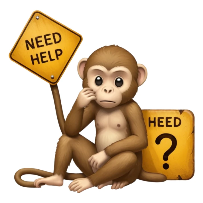 Sad Monkey sitting beside a 'neeed ħelp 🥺' sign, sticker