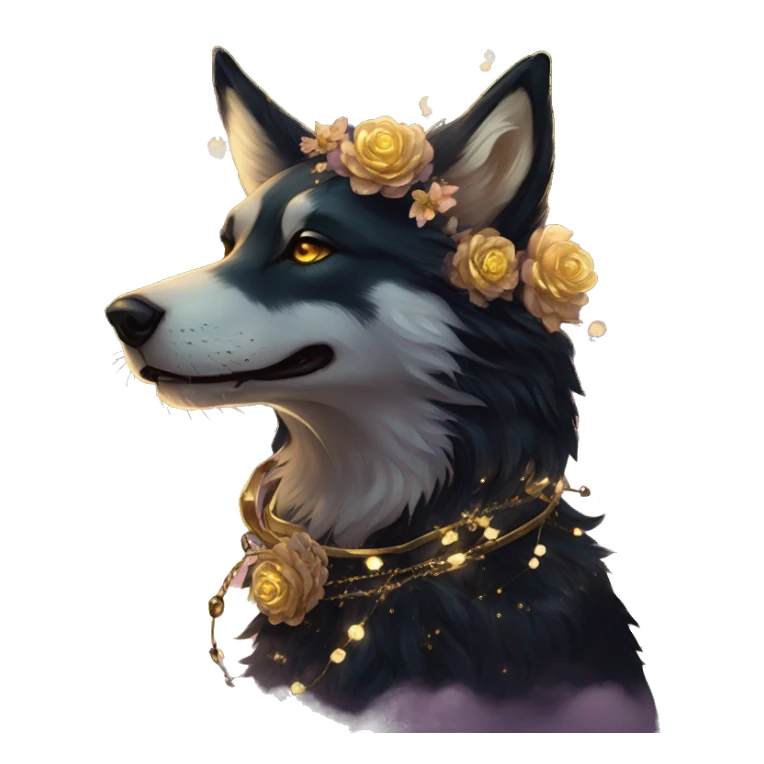 Black iridescent fluffy dog fox head zombie skeleton gold mechanical nebula galaxy stars flowers fairy lights vintage sticker