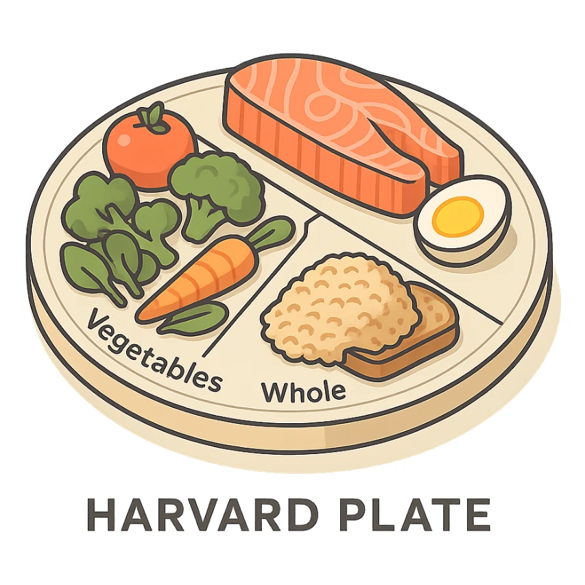 Harvard plate, isometric view, 50% vegetables, 25% proteins, 25% complex carbohydrates, foods labeled, very detailed drawing, shadows and highlights, clean contours, soft lighting, transparent background sticker