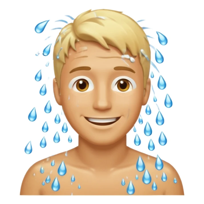 blonde man in a shower, smiling, water droplets, modest, emoji style sticker