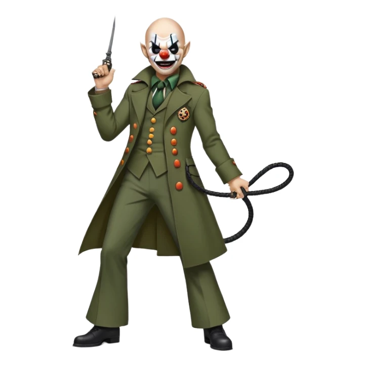 evil clown, bald, small black horns on forehead, fangs, pointed ears, eye patch over one eye, long coat over black and military green leisure suit with bellbottom pants, tail, holding a different style of whip, realistically proportioned, less bulky, full body, battle-ready, fighting posture sticker
