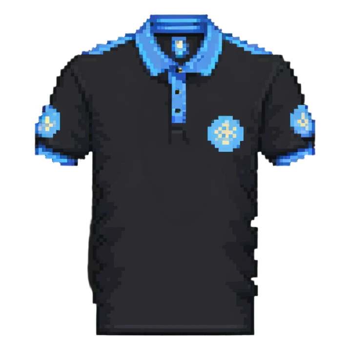 polo shirt with AI design, technological details in pixel art style sticker