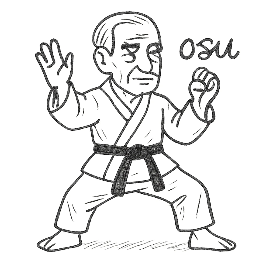 Make the karate fighter older with age lines and mature look, change to the 'osu' position, keep the white uniform, black belt, and 'osu' text in the same hand-drawn style. sticker