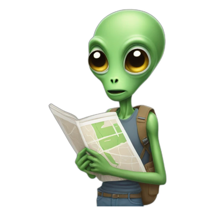 skinny tall alien wearing a fanny pack and holding a map sticker