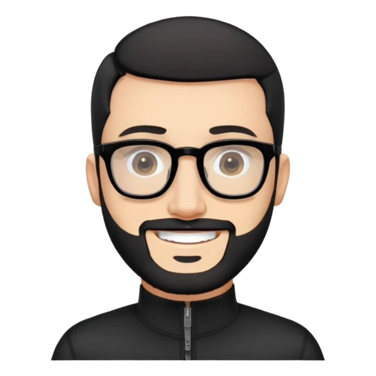Fair-skinned man with almost buzz cut black hair (extremely short but not completely shaved), short salt and pepper beard, large black-framed glasses, smiling, wearing black long sleeve zip shirt at neck sticker