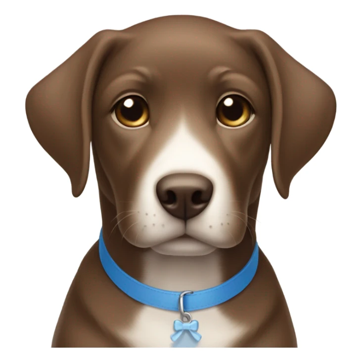 Brown lab puppy with small white patch on chest and subtle blue collar sticker
