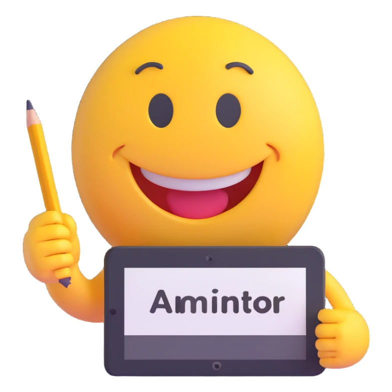 3D smiley emoji, round shape, animator: with drawing tablet and pencil, with the text "Animátor" on it sticker
