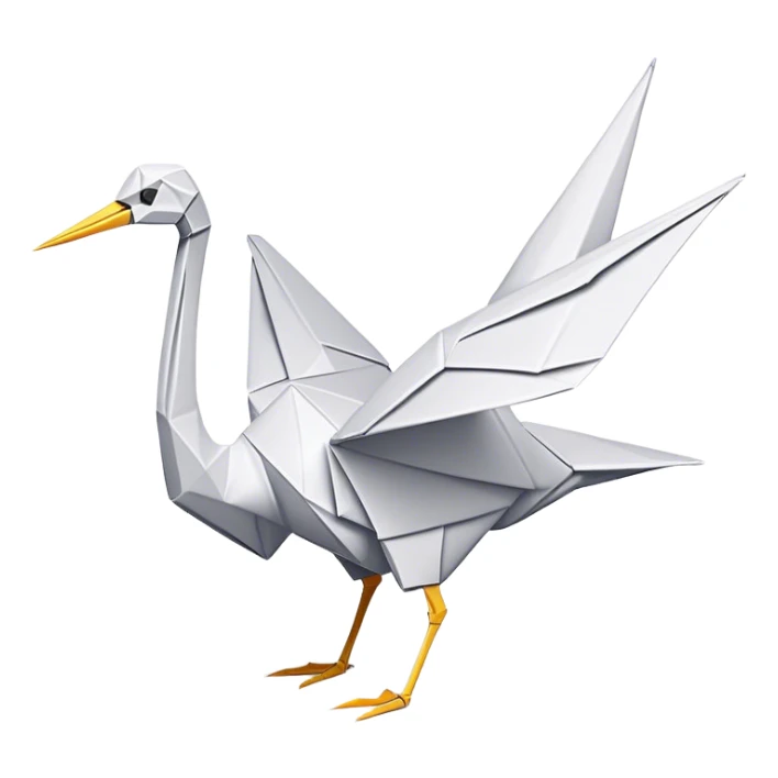 Cinematic Realistic Origami Crane Emoji, featuring a beautifully folded paper crane with crisp, delicate edges and intricate creases. The elegant structure casts soft shadows under warm, natural lighting, with a subtle texture of fine paper enhancing its serene and symbolic presence. sticker