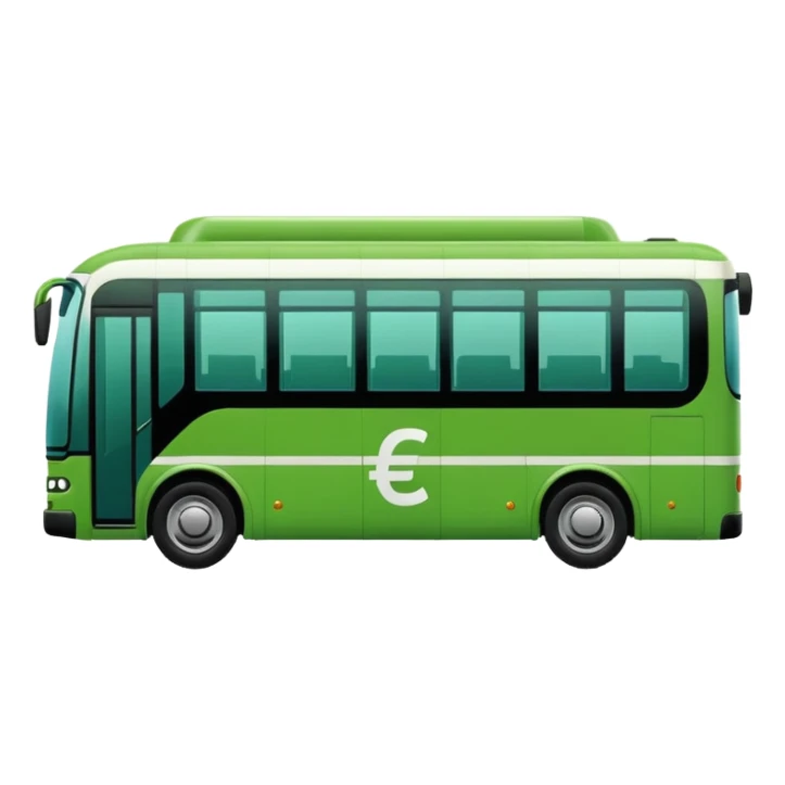 green electric bus with a large euro bill marked with a '0' sticker