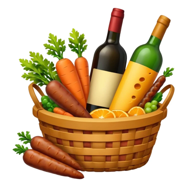 a basket with carrots, wine bottle, sausages, and cheese, all items peeking out, emoji style sticker