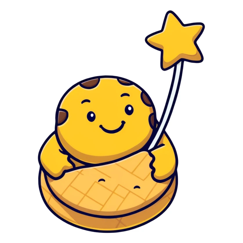 cartoon style Pan di Stelle cookie with a smiling face and white stars sticker