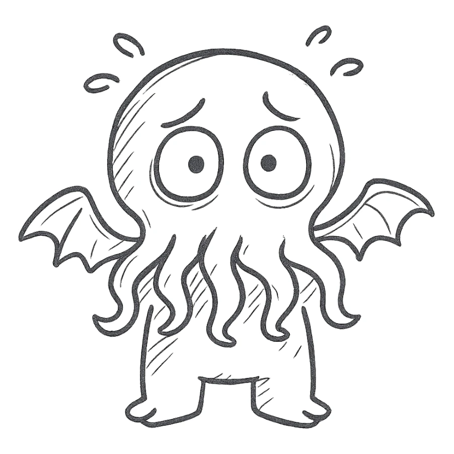 A hand drawn icon of Cthulhu looking scared sticker
