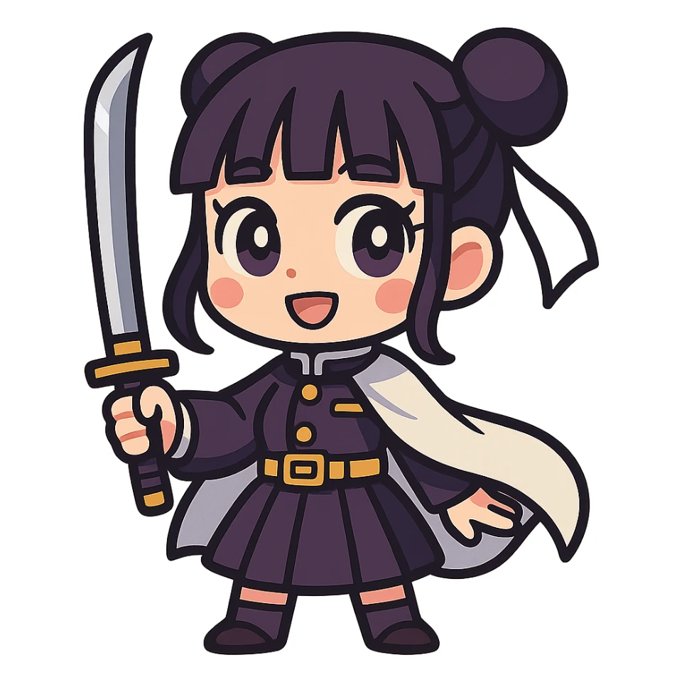 Tsuguko from Demon Slayer, chibi style, holding a sword, cute expression sticker