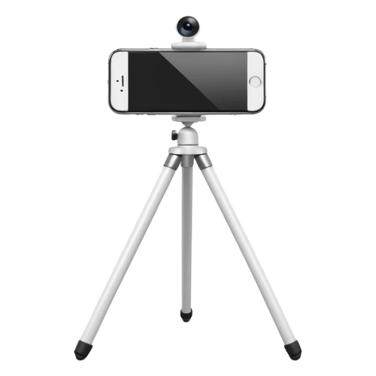 3D Apple-style emoji of a white tripod holding an iPhone 17,
rear view, visible camera lenses,
clean white background, smooth rounded design sticker