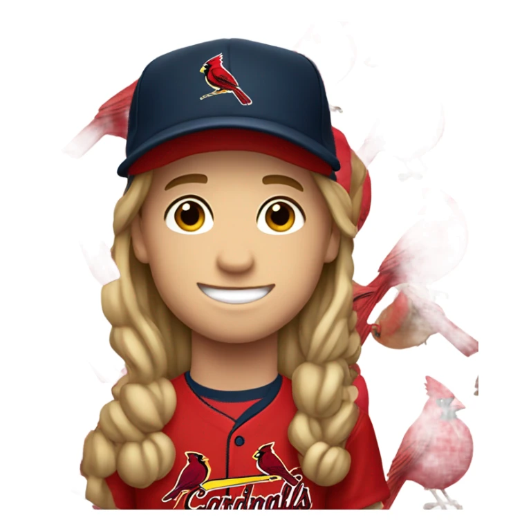 smiling boy with long hair with cardinals baseball hat sticker