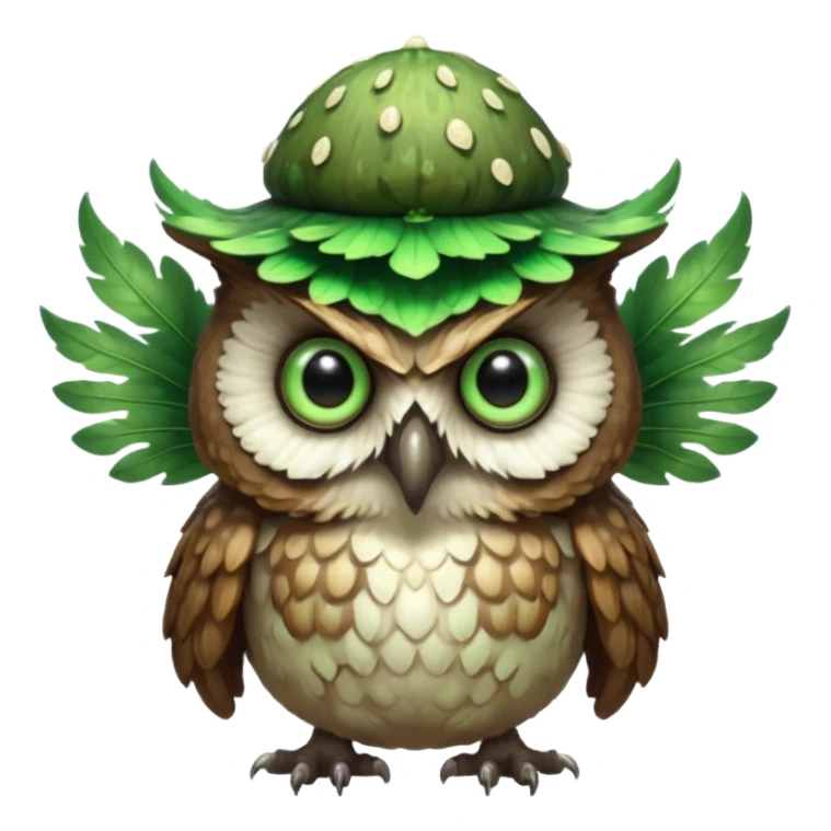 poisonous mushroom owl creature portrait, head and shoulders only, large beast-like owl eyes, mushroom cap feathers, glowing green spores, mystical forest monster, 3D cartoon, mobile game icon style, clean background, no text, no watermark

 sticker