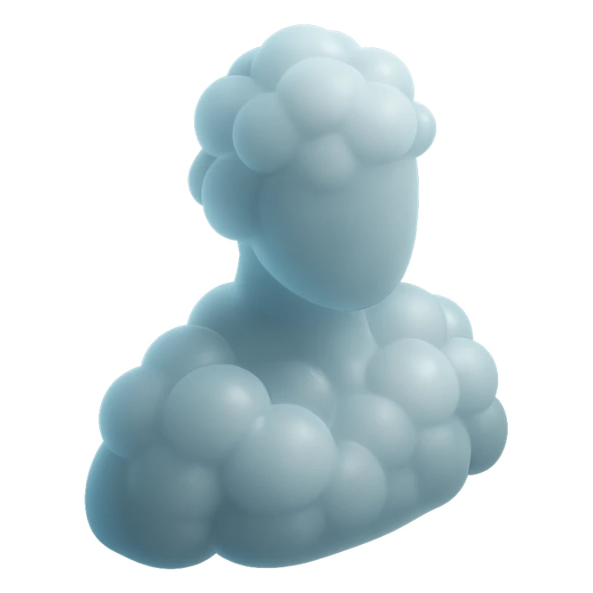 shoulder-up person fully composed of white fluffy convex clouds, matte glass style, volumetric and soft clouds sticker