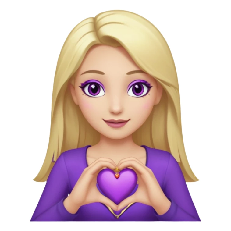 twitch emote, kinda chibi style. blonde hair: long, straight, no bangs. gray eyes. an eyebrow with a slit. purple eyeshadow/eyeliner with gold eyeshadow. only face and arms, hands visible. happy, holding a purple heart. white background. sticker