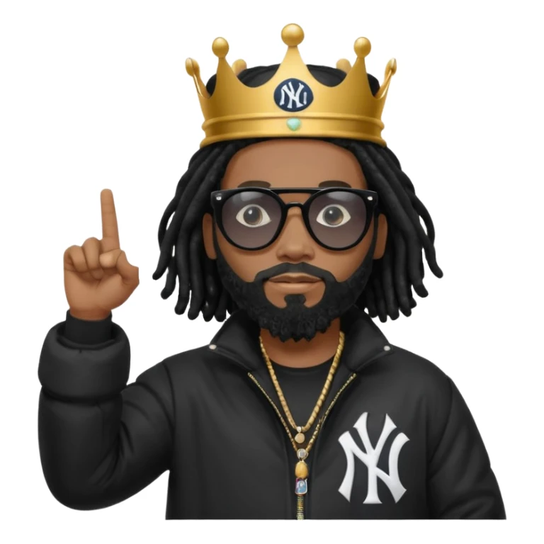 African American man with shoulder length black dreadlocks with black beard wearing black sunglasses wearing Crown on his head wearing a black bubble m New York Yankees logo winter coat pointing at himself sticker