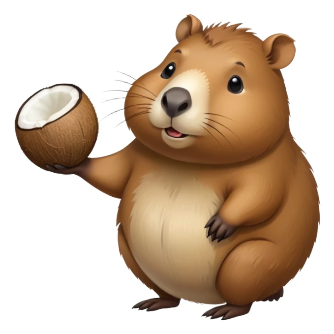 A cute capybara with a round coconut-shaped body, brown and hairy like a coconut sticker