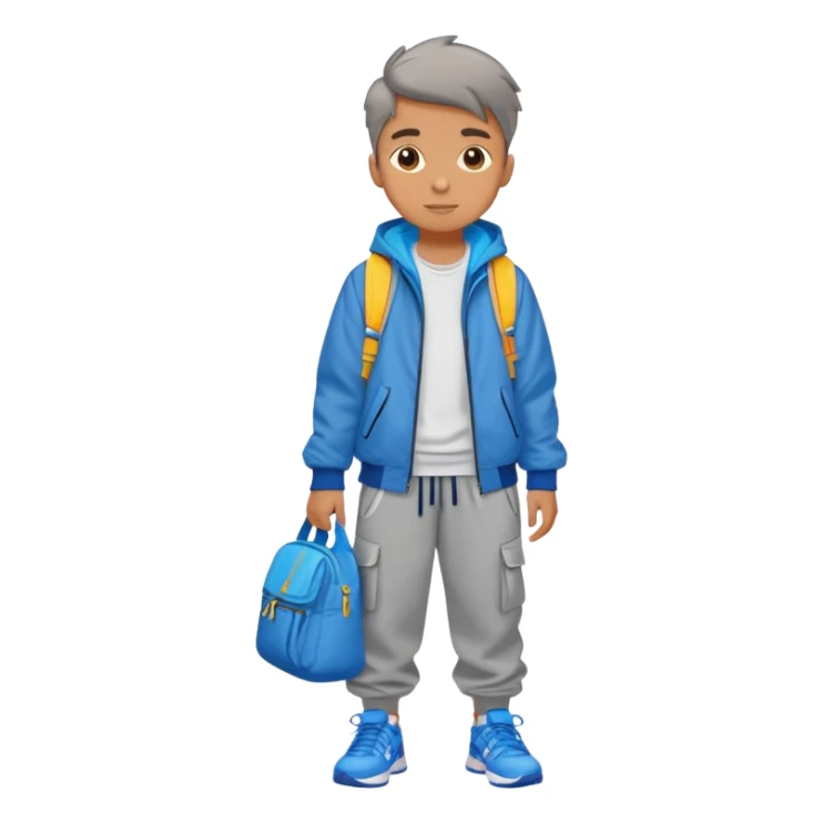 Boy wearing baggy grey joggers, colourful trainers, a blue shell jacket and a sling bag sticker