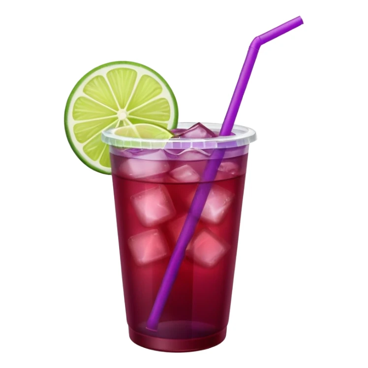 maroon purple cocktail with a lime in a plastic cup with lid and straw  sticker