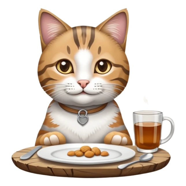 grau weiße Katze auf Tisch mit einem Teller Frikadellen vor sich sticker