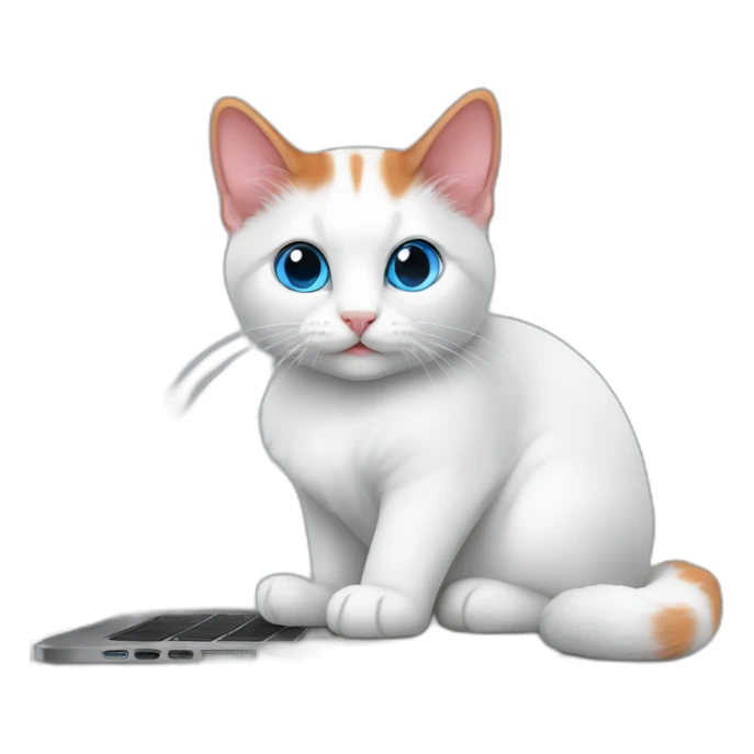Red Turkish van cat with blue eyes in black hoodie with laptop sticker