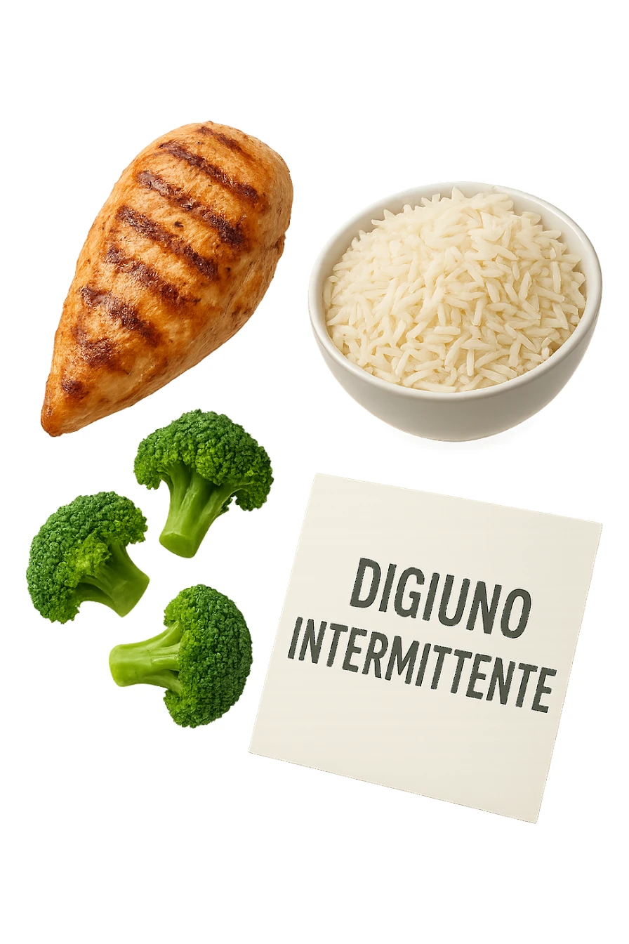 petto di pollo grigliato, bowl di riso basmati e broccoletti fluttuano in aria insieme ad un foglio con la scritta "DIGIUNO INTERMITTENTE", iperrealistico 4k sticker