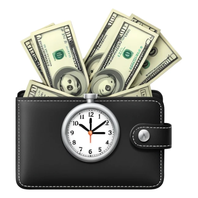 black wallet with dollar bills sticking out and a small clock in top right corner over the wallet sticker