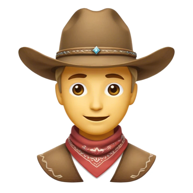 Clash of Clans aesthetic: Beautiful and Majestic Cowboy Portrait Emoji, Rendered in serene confidence with a gentle, enigmatic smile and a regal wide-brimmed hat, showcasing a distinguished, weathered build with a timeless bandana and soft, wise eyes in natural skin tone, Simplified yet exquisitely endearing features, highly detailed, glowing with a soft, majestic western light, high shine, calm and heroic, stylized with an air of legendary frontier elegance, soft glowing outline, capturing the essence of a majestic cowboy whose noble spirit inspires epic journeys! sticker