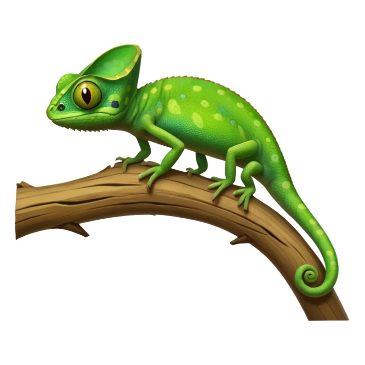 A small green chameleon, with large, expressive eyes, perched on a branch. sticker