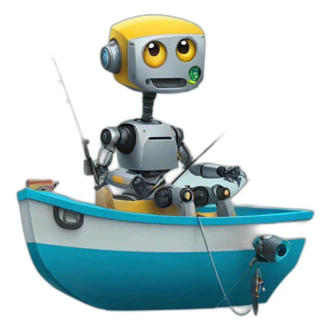 robot sit on boat with a fishing rod sticker