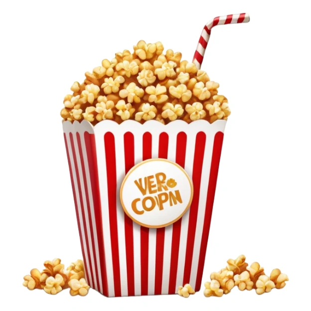 caramel popcorn in an extra large red and white vertically striped package, thick bold stripes, golden brown caramel popcorn, authentic Apple emoji style with glossy finish and subtle gradients, package dominates the image, minimalist clean design, no text sticker