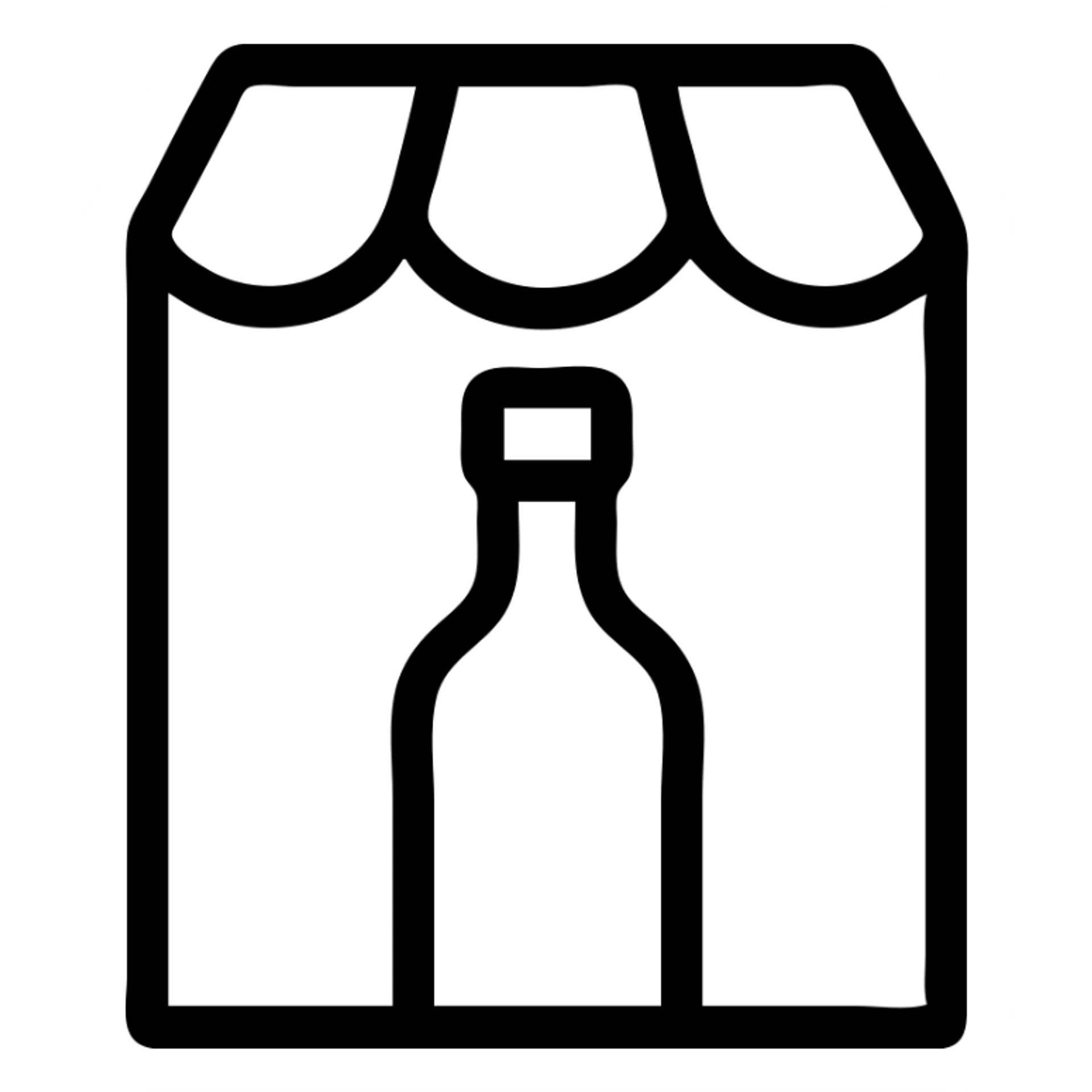 bottle shop logo, stylized bottle silhouette with shop awning, minimal, vector style sticker