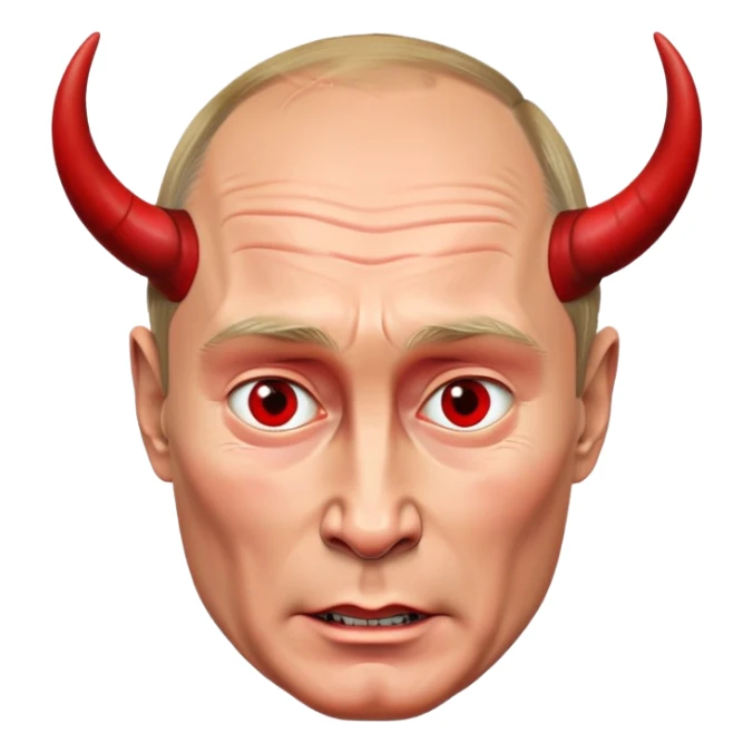 face of Vladimir Putin as a devil with red skin, horns, mischievous expression sticker