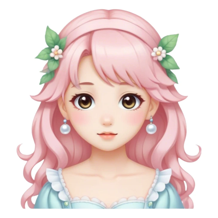 Gorgeous anime style lady with blushing face and accessories cottagecore fairycore Kawaii anime colorful pearly romantic aesthetic trending style sticker