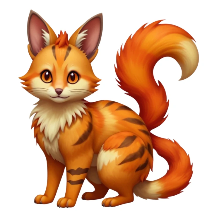 Hyper realistic volcanic fiery flammable beautiful elegant pretty precious cute  Fakémon-Pokémon-opossum-feline-serval-caracal-chinchilla-Furret-Minccino-hybrid-creature with a big fluffy bushy tail (full body) sticker
