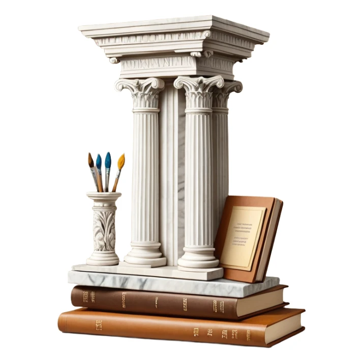 An icon featuring a paint palette, a sculpture, and a book, symbolizing the study of culture and art. The design includes a classical column and a canvas, representing art history and cultural exploration. Transparent background highlights the connection between creativity and history. sticker