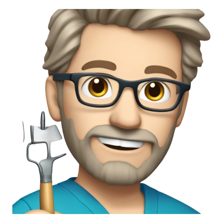 male dark blond haired doctor with grey van dyke beard with hazel eyes and small wire-rimmed glasses in blue scrubs holding a large paintbrush and jigsaw sticker