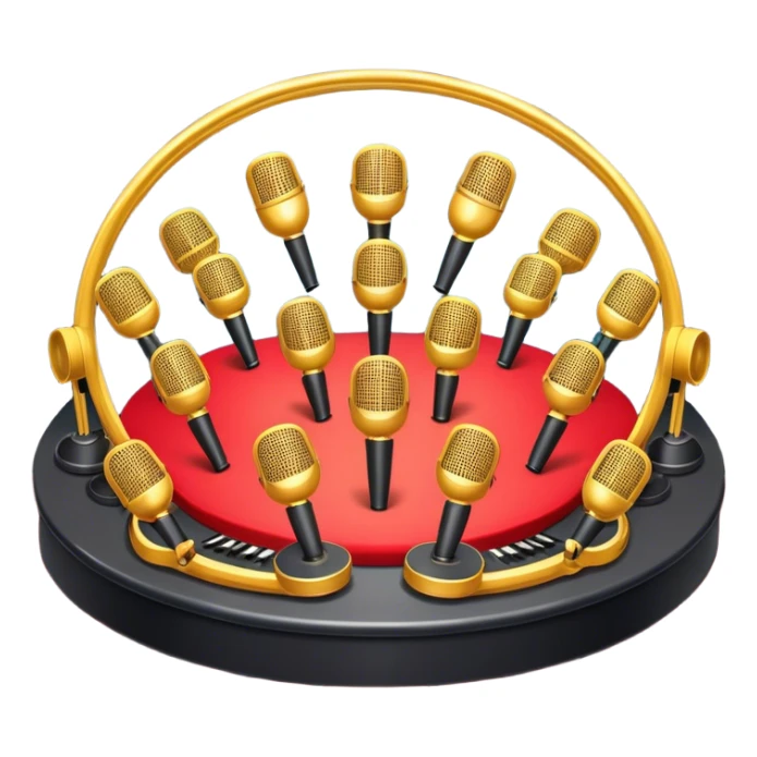 Create a vibrant and dynamic emoji that represents choral vocal performance. The design should feature 10 vintage stage microphones arranged in a semi-circle on a concert stage, symbolizing a vocal group or choir. Add musical notes flowing around the microphones to represent harmony and unity in the performance. Include concert lighting and a celebratory atmosphere to convey the excitement of live music. Use bright, bold colors like red, gold, and silver to emphasize the energy and glamour of the stage. The background should be transparent. sticker