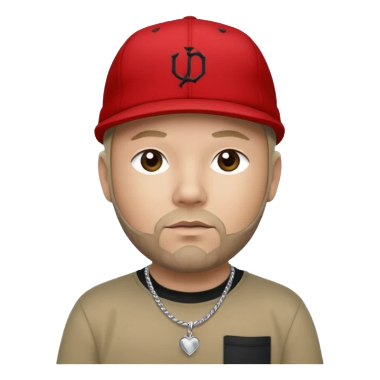 Fred Durst with light skin, dark blonde, red cap, black shirt with silver necklace, khaki pants sticker