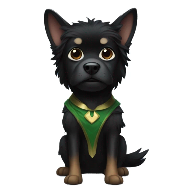 Small hairy black dog with a Loki costume sticker