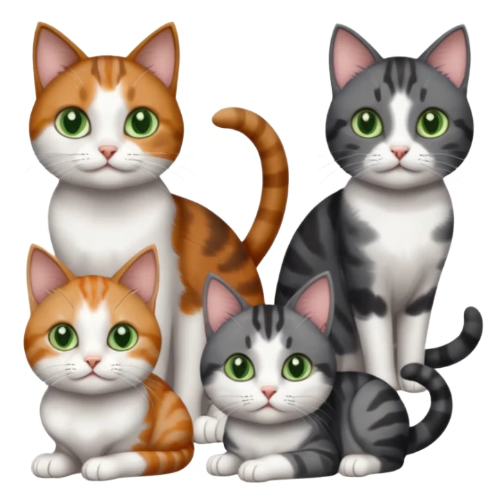 4 different coloured small cats including a dark grey and white, and a patchy calico, and a brown tabby and white,  and a completely solid dark grey with green eyes and only white paws sticker