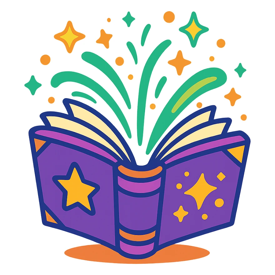 animated icon of a magic book opening with vibrant colors, glowing magical effects, dynamic motion sticker