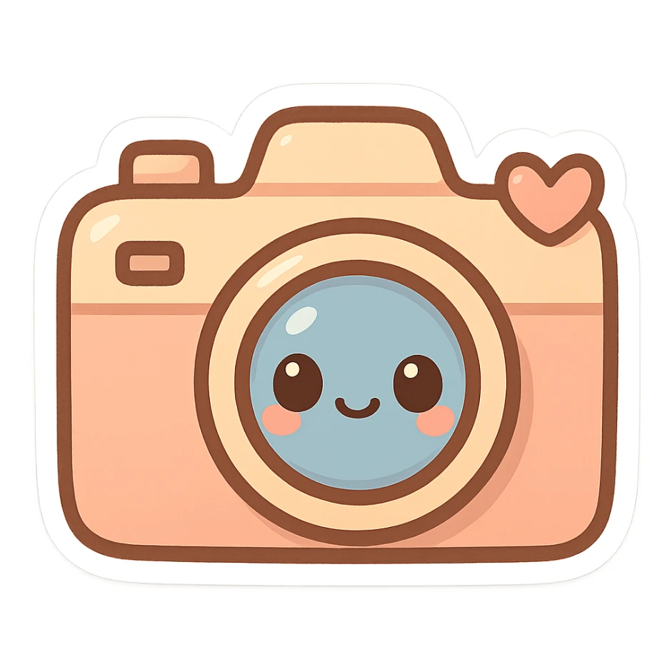 chibi sticker-style camera with a heart accent, cute and exaggerated sticker