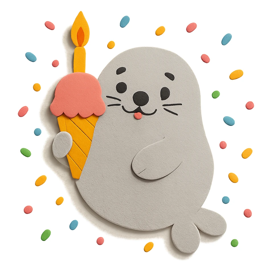 Add colorful confetti around the chubby seal, matching the paper-craft style and color palette. sticker