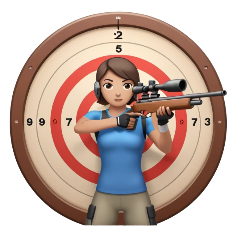 An athlete in shooting stance, focused on the target, holding a precision rifle. The background features a shooting range with targets set at various distances, highlighting control, concentration, and accuracy in the sport of competitive shooting. sticker