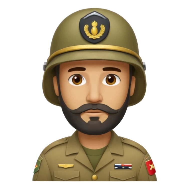 tired Iraqi military, in a helmet, with a beard sticker